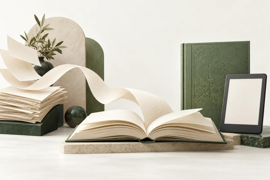 Sage-green books, an open manuscript and an e-reader in Ketabona’s publishing studio